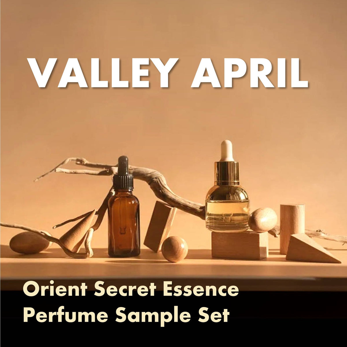 Valley April perfume bottles with driftwood and geometric props — Yunnan niche fragrance house
