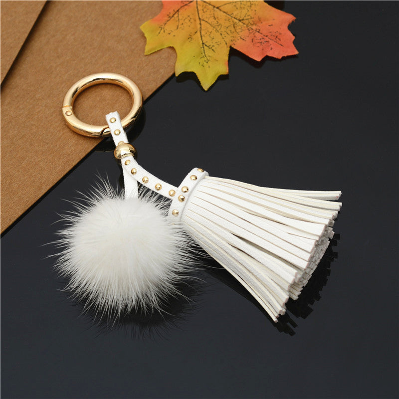 Mink Fur Pom Pom Keychain with Rivet Tassel