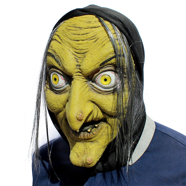 Latex witch Halloween mask worn on model — showing full character presence and realistic scale