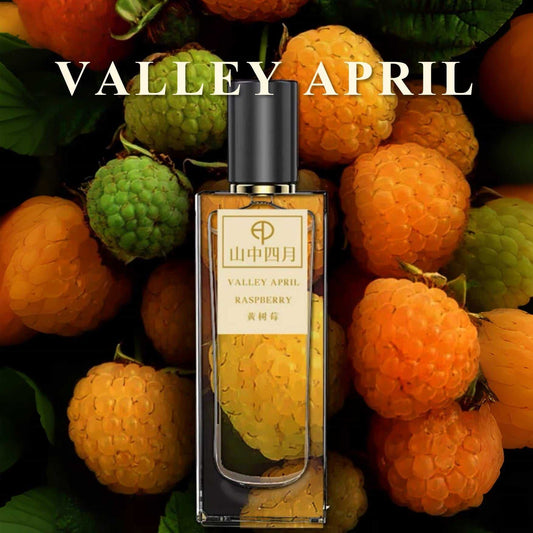 Valley April Raspberry 50ml — niche Yunnan perfume bottle surrounded by golden wild raspberries