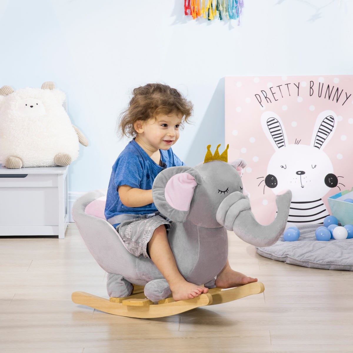 Grey elephant rocking chair for toddlers — plush sides, wooden base