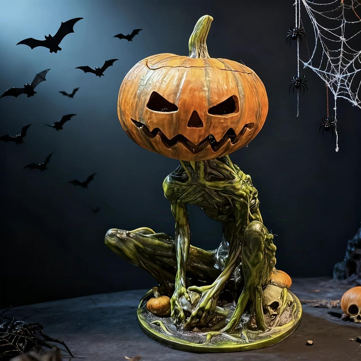 Halloween-themed sculpture with a jack-o'-lantern head and skeleton body, surrounded by bats and spider webs.