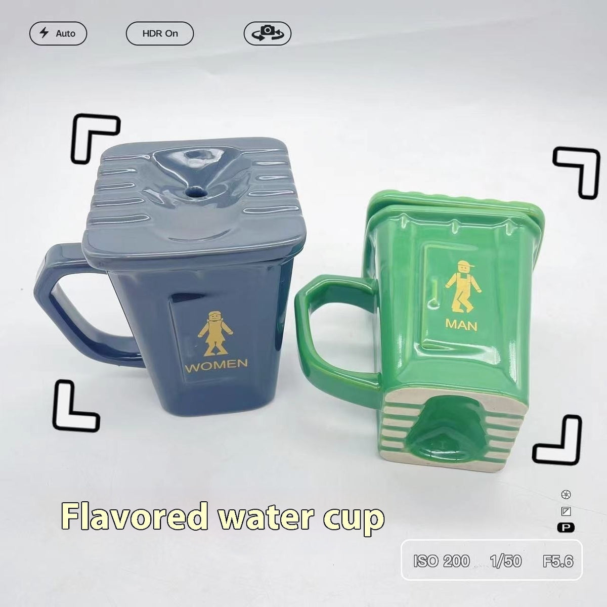 Two flavored water cups, one blue and one green, on a white background.