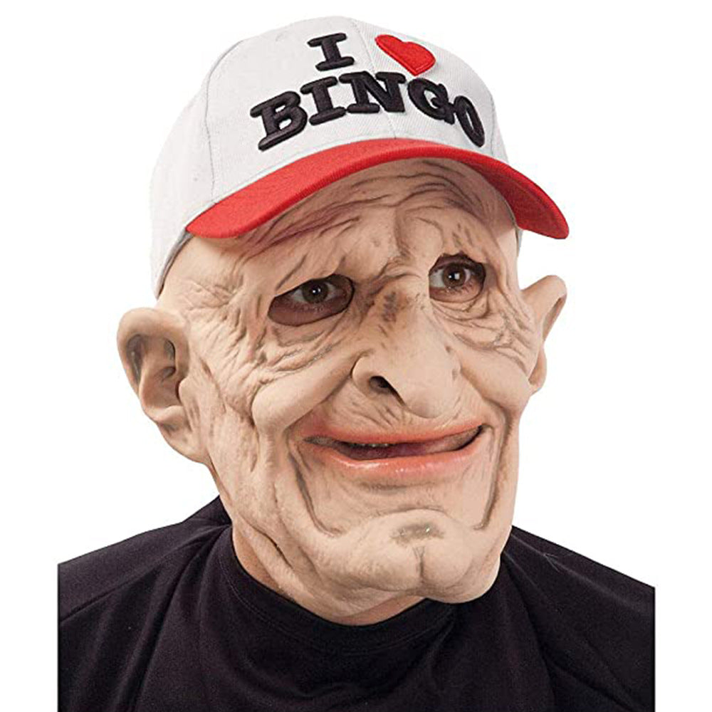 Person wearing a mask and 'I ❤️ BINGO' cap on a white background