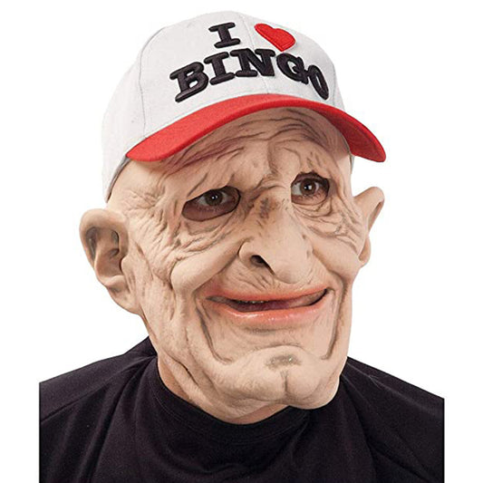 Person wearing a mask and 'I ❤️ BINGO' cap on a white background